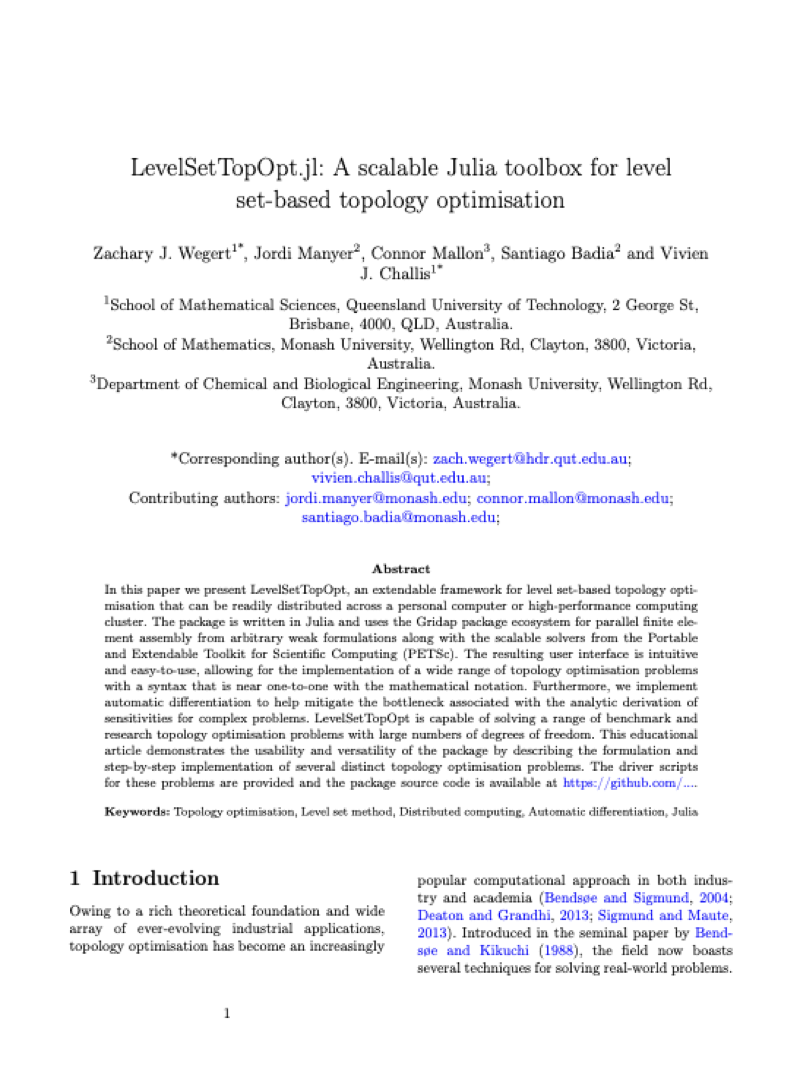 GridapTopOpt.jl: a scalable Julia toolbox for level set-based topology optimisation