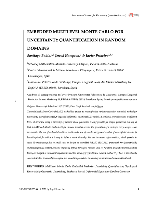 EMBEDDED MULTILEVEL MONTE CARLO FOR UNCERTAINTY QUANTIFICATION IN RANDOM DOMAINS