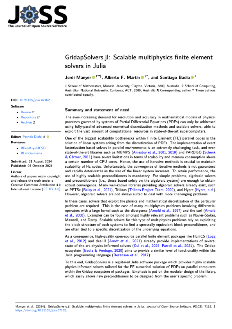 GridapSolvers.jl: Scalable multiphysics finite element solvers in Julia